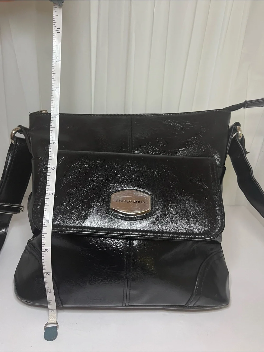 Franco Sarto Shiny Black Leather Messenger Bag